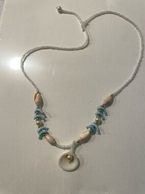 Handmade Shell & Bead Necklace - Blue and Cream